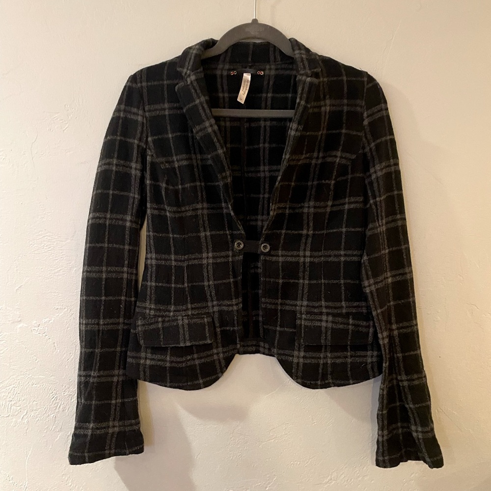 Free People Black Plaid Wool Blazer